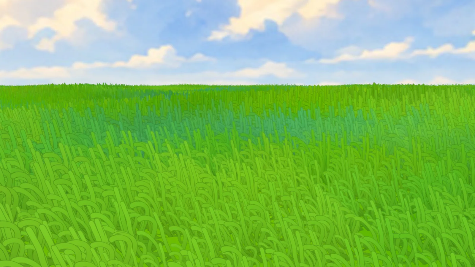 The same drawing used as grass in Blender: a field of curly, inked stylized grass