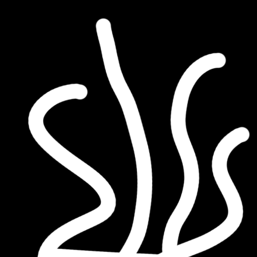 A hand-drawn grass image: four curly white strokes on a black square