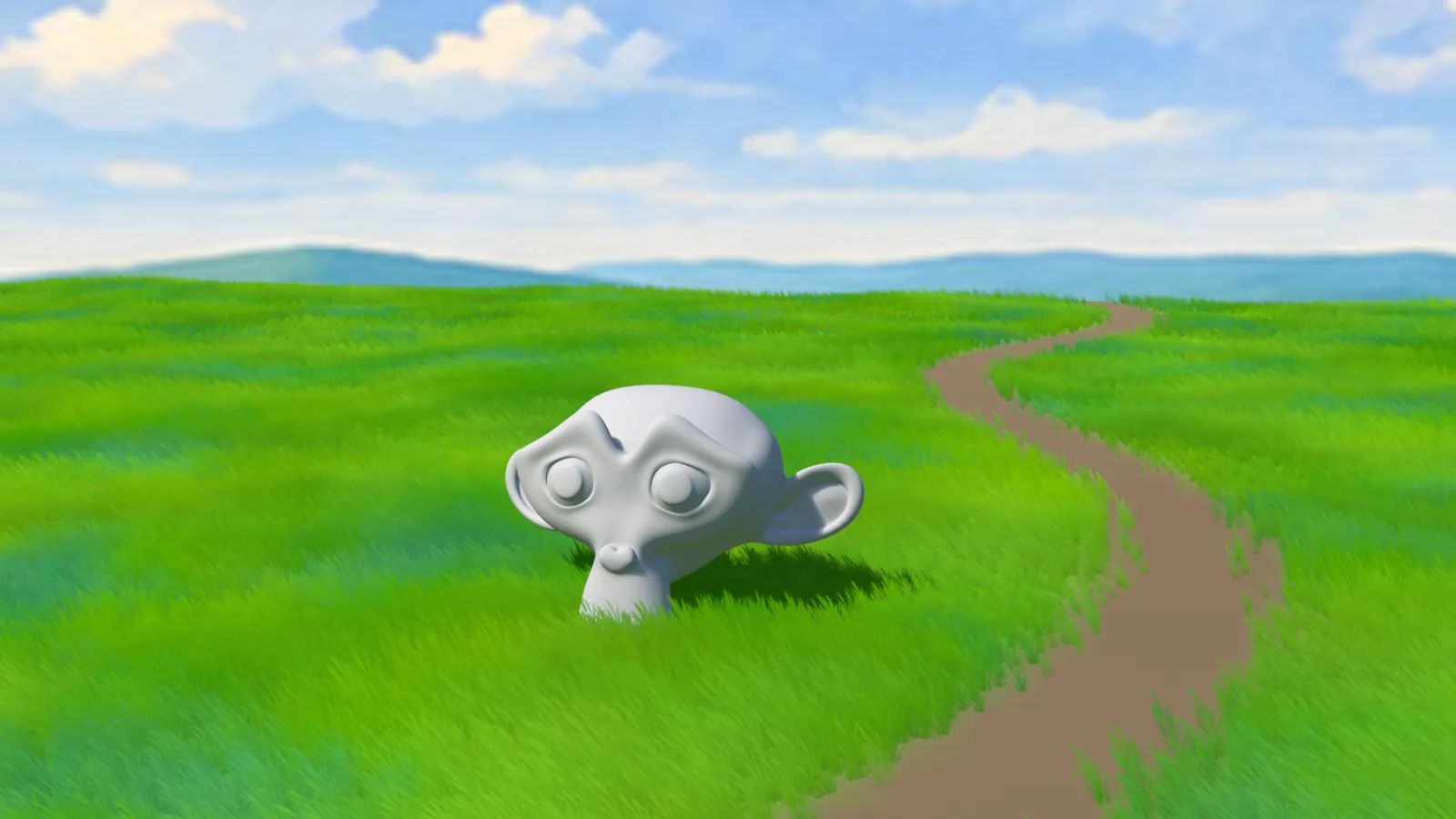 The same plane after painting: a grass field with a bare winding path