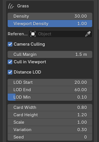 The Grass box, first part: density, reference camera, camera culling, distance LOD, card size, scale, seed