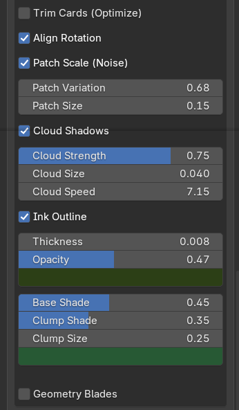 The Grass box, second part: trim cards, align rotation, patch scale, cloud shadows, ink outline, shading, geometry blades