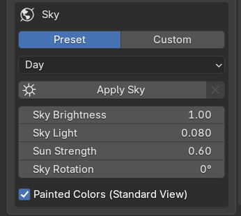 The Sky box: preset or custom sky, apply and remove, sky brightness, sky light, sun strength, rotation