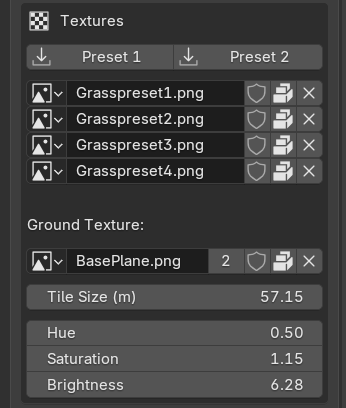 The Textures box: presets, four grass slots, ground texture, tile size, hue, saturation, brightness