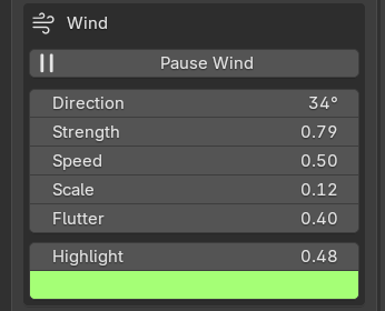 The Wind box: pause wind, direction, strength, speed, scale, flutter, highlight
