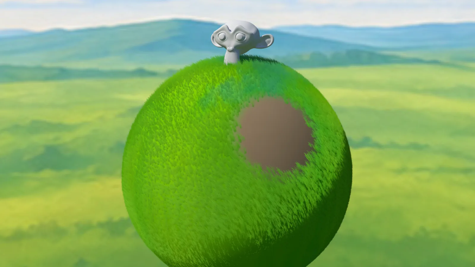 A small planet covered in painted grass, with a bare patch painted away and Suzanne sitting on top